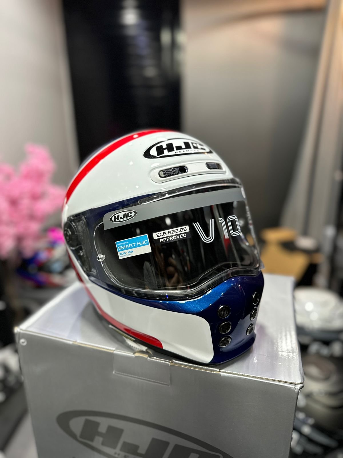 Casco HJC V10 Blanco Azul Rojo