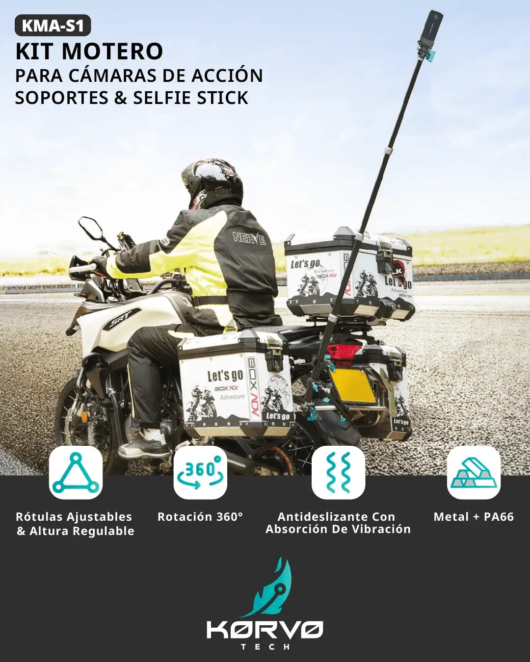 Kit Motero KORVO TECH Para Cámaras De Acción (Pinzas Y Selfie Stick)