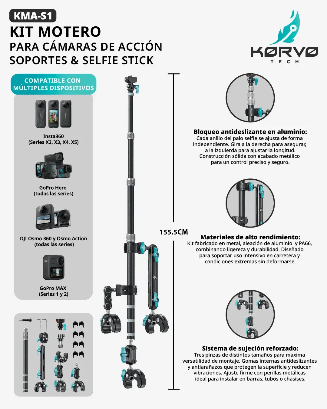 Kit Motero KORVO TECH Para Cámaras De Acción (Pinzas Y Selfie Stick) 4